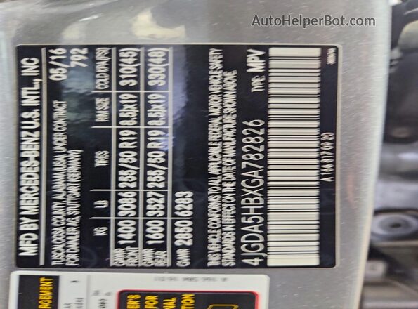 4JGDA5HBXGA782826 2016 MERCEDES-BENZ GLE Silver Вид наклейки з VIN-кодом