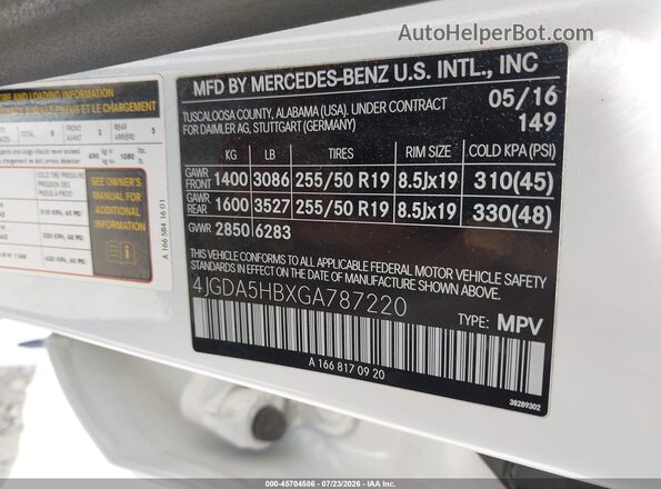 4JGDA5HBXGA787220 2016 MERCEDES-BENZ GLE 350 White Widok komory silnika