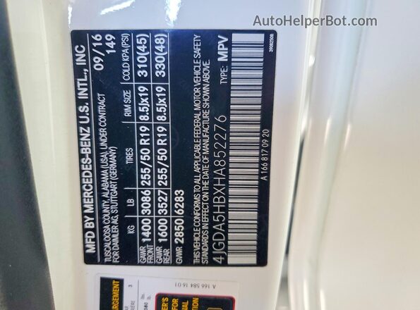 4JGDA5HBXHA852276 2017 MERCEDES-BENZ GLE White VIN կոդի պիտակի տեսք