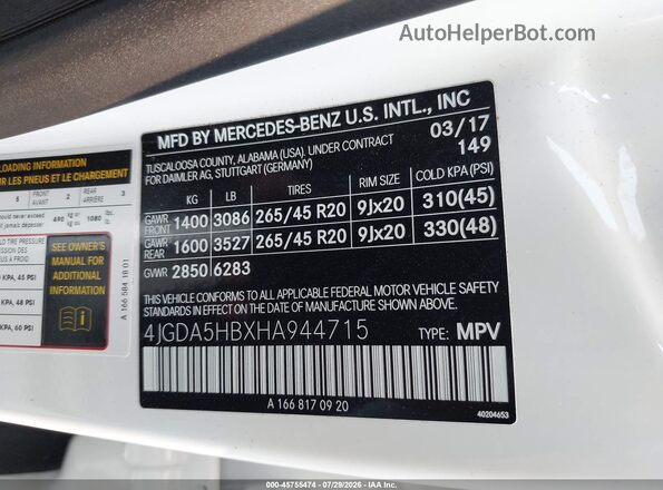 4JGDA5HBXHA944715 2017 MERCEDES-BENZ GLE 350 White Вид підкапотного простору