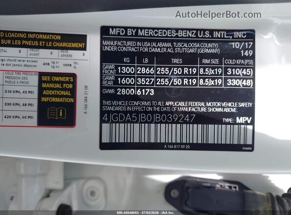4JGDA5JB0JB039247 2018 MERCEDES-BENZ GLE 350 White Widok komory silnika