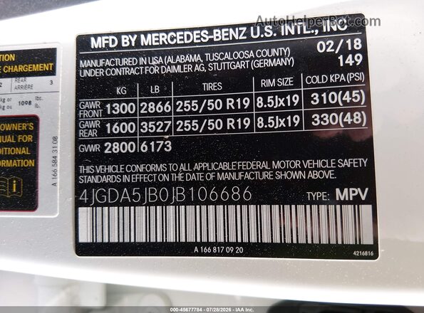4JGDA5JB0JB106686 2018 MERCEDES-BENZ GLE 350 White Вид підкапотного простору