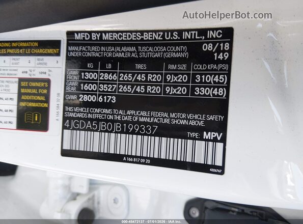 4JGDA5JB0JB199337 2018 MERCEDES-BENZ GLE 350 White Widok komory silnika