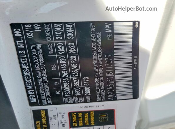 4JGDA5JB1JB117079 2018 MERCEDES-BENZ GLE White Widok naklejki z numerem VIN