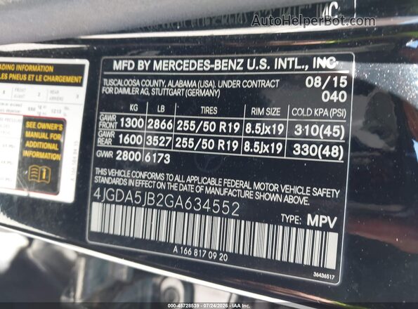 4JGDA5JB2GA634552 2016 MERCEDES-BENZ GLE 350 Black Widok komory silnika