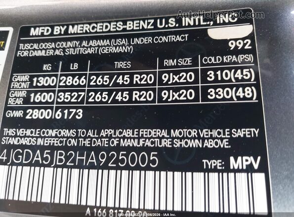 4JGDA5JB2HA925005 2017 MERCEDES-BENZ GLE 350 Gray Widok komory silnika