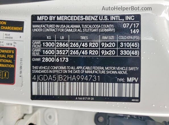 4JGDA5JB2HA994731 2017 MERCEDES-BENZ GLE White Вид наклейки з VIN-кодом