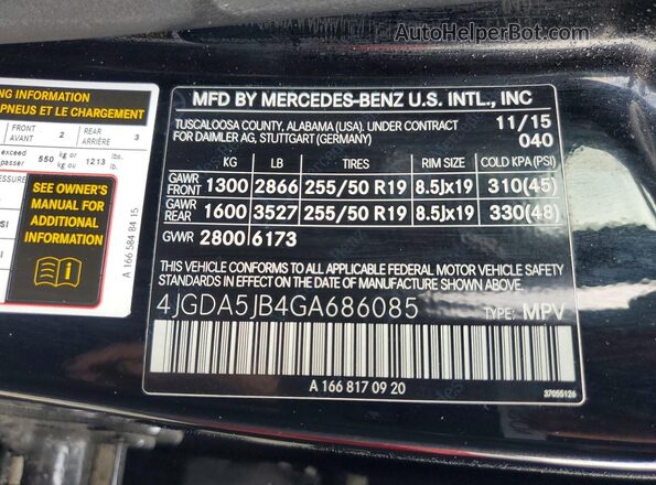 4JGDA5JB4GA686085 2016 MERCEDES-BENZ GLE Black Widok naklejki z numerem VIN