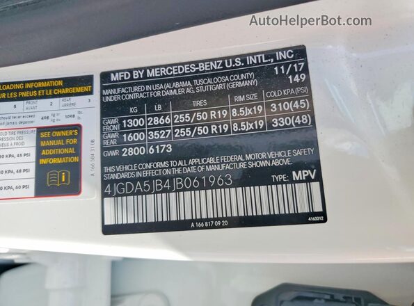 4JGDA5JB4JB061963 2018 MERCEDES-BENZ GLE White Вид наклейки з VIN-кодом