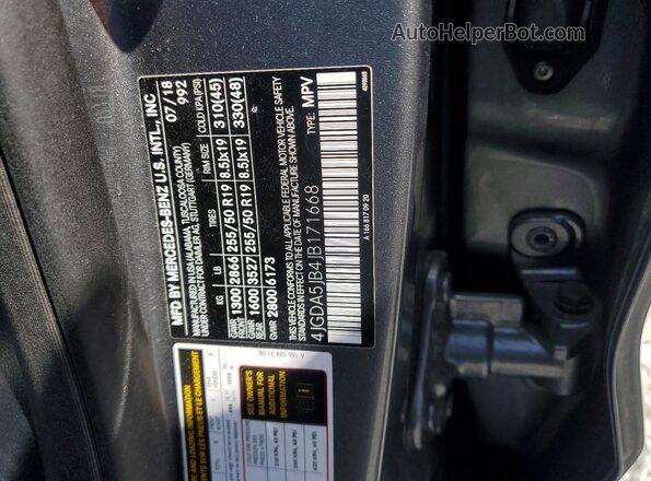 4JGDA5JB4JB171668 2018 MERCEDES-BENZ GLE Gray Вид наклейки з VIN-кодом