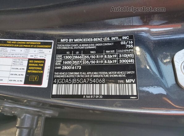4JGDA5JB5GA754068 2016 MERCEDES-BENZ GLE Charcoal VIN sticker view
