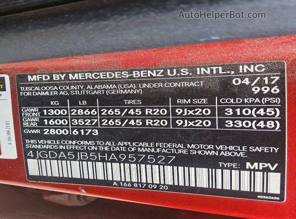 4JGDA5JB5HA957527 2017 MERCEDES-BENZ GLE Red Vista interior de 360 grados