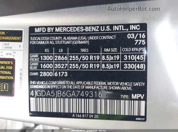 4JGDA5JB6GA749316 2016 MERCEDES-BENZ GLE 350 Silver Вид підкапотного простору