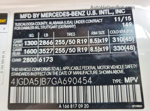 4JGDA5JB7GA690454 2016 MERCEDES-BENZ GLE White VIN კოდის სტიკერის ხედი