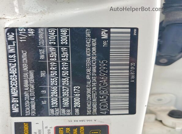 4JGDA5JB7GA692995 2016 MERCEDES-BENZ GLE White Շարժիչի բաժամունքի տեսք