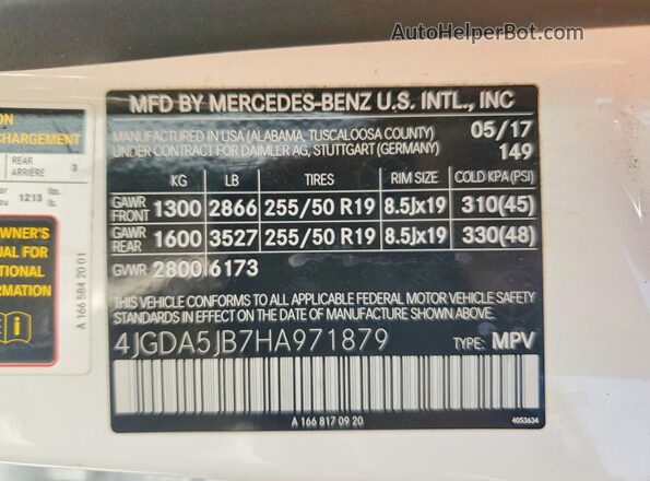 4JGDA5JB7HA971879 2017 MERCEDES-BENZ GLE White Вид наклейки з VIN-кодом