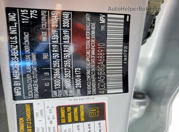 4JGDA5JB8GA688910 2016 MERCEDES-BENZ GLE Silver Vista de la etiqueta del VIN