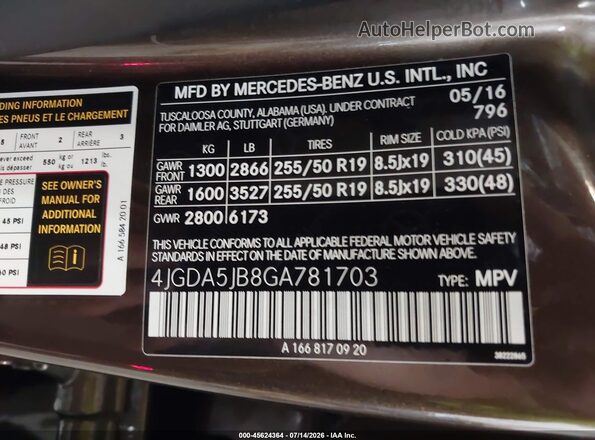 4JGDA5JB8GA781703 2016 MERCEDES-BENZ GLE 350 Brown Widok komory silnika