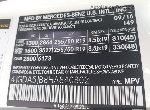 4JGDA5JB8HA840802 2017 MERCEDES-BENZ GLE 350 White Widok komory silnika