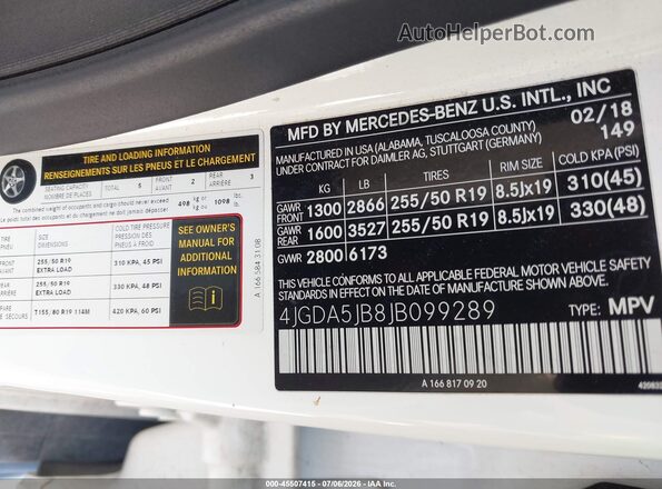 4JGDA5JB8JB099289 2018 MERCEDES-BENZ GLE 350 White Widok komory silnika