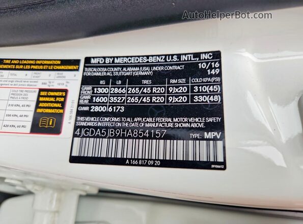4JGDA5JB9HA854157 2017 MERCEDES-BENZ GLE White Engine compartment view