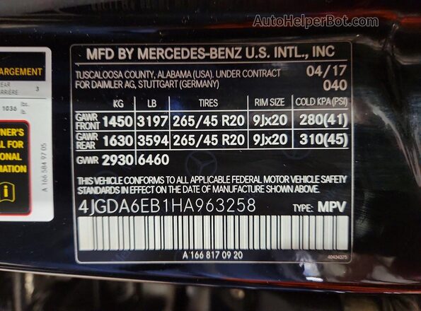 4JGDA6EB1HA963258 2017 MERCEDES-BENZ GLE Black Vista de la etiqueta del VIN