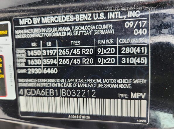 4JGDA6EB1JB032212 2018 MERCEDES-BENZ GLE Black Vista de la etiqueta del VIN