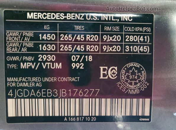 4JGDA6EB3JB176277 2018 MERCEDES-BENZ GLE Gray Widok naklejki z numerem VIN