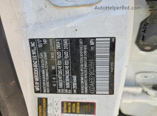 4JGDA6EB7JB036569 2018 MERCEDES-BENZ GLE White VIN კოდის სტიკერის ხედი