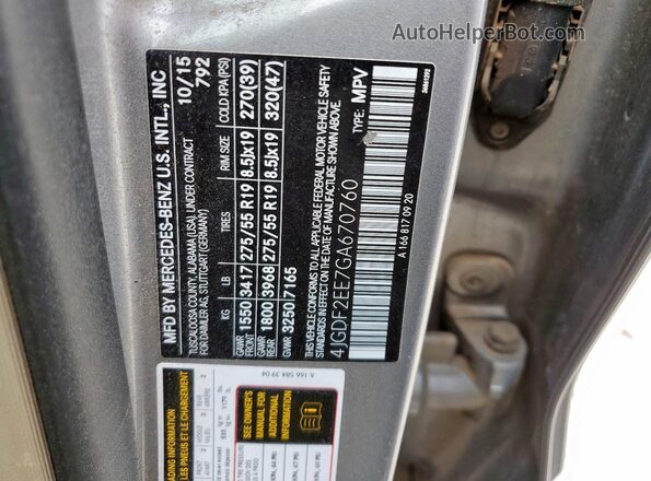 4JGDF2EE7GA670760 2016 MERCEDES-BENZ GL-CLASS Gray VIN კოდის სტიკერის ხედი