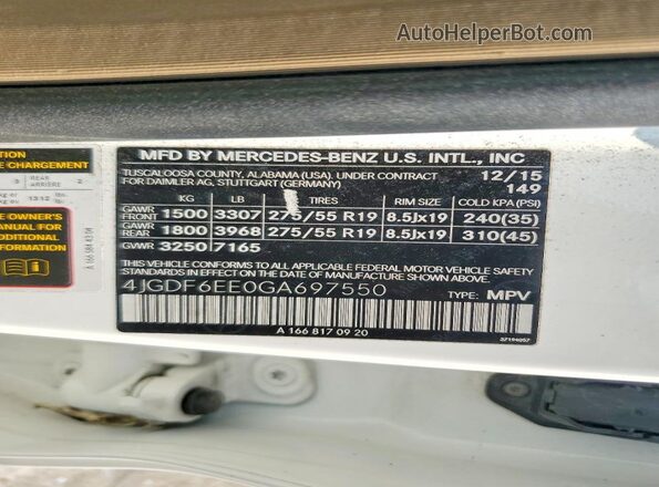 4JGDF6EE0GA697550 2016 MERCEDES-BENZ GL-CLASS Белый Вид наклейки с VIN-кодом