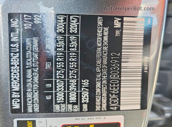 4JGDF6EE0JB036912 2018 MERCEDES-BENZ GLS Gray VIN კოდის სტიკერის ხედი