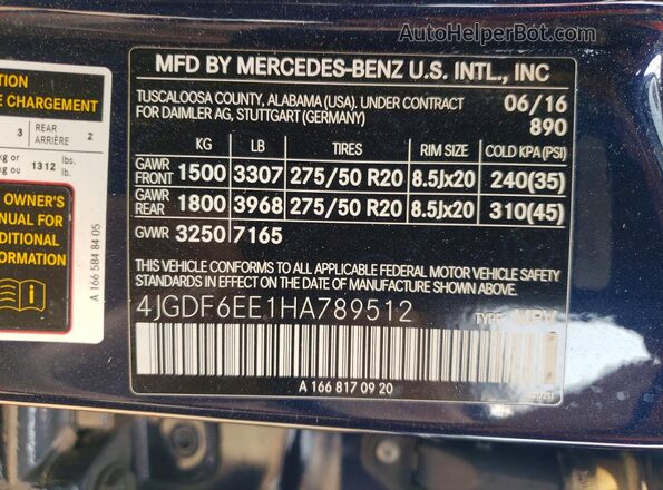 4JGDF6EE1HA789512 2017 MERCEDES-BENZ GLS Blue Widok naklejki z numerem VIN