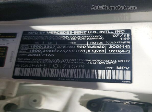 4JGDF6EE1JB171008 2018 MERCEDES-BENZ GLS White Widok naklejki z numerem VIN