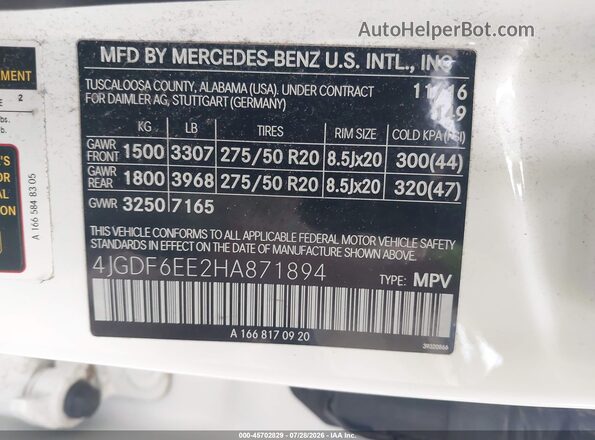 4JGDF6EE2HA871894 2017 MERCEDES-BENZ GLS 450 White Widok komory silnika