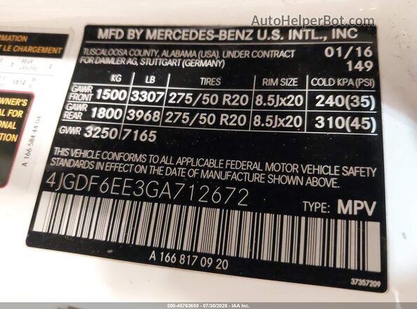 4JGDF6EE3GA712672 2016 MERCEDES-BENZ GL 450 White Widok komory silnika