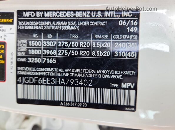 4JGDF6EE3HA793402 2017 MERCEDES-BENZ GLS White VIN კოდის სტიკერის ხედი
