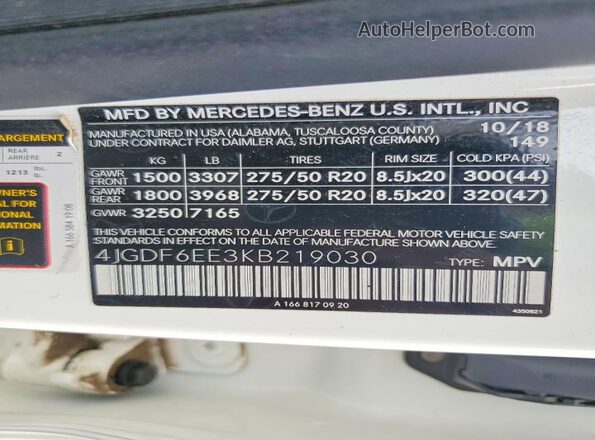 4JGDF6EE3KB219030 2019 MERCEDES-BENZ GLS White Widok naklejki z numerem VIN