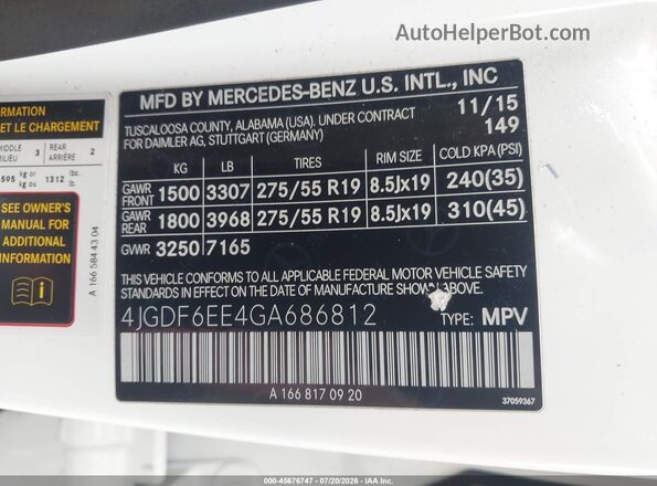 4JGDF6EE4GA686812 2016 MERCEDES-BENZ GL 450 White Vista del compartimento del motor