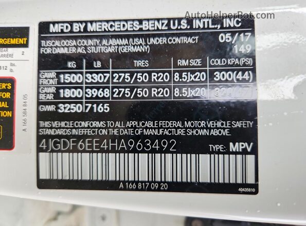 4JGDF6EE4HA963492 2017 MERCEDES-BENZ GLS White VIN sticker view