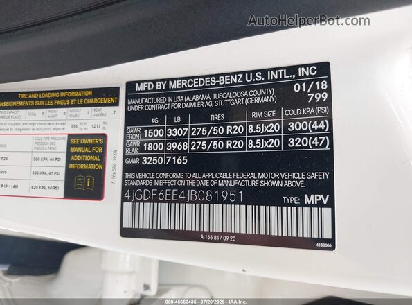 4JGDF6EE4JB081951 2018 MERCEDES-BENZ GLS 450 White Вид підкапотного простору