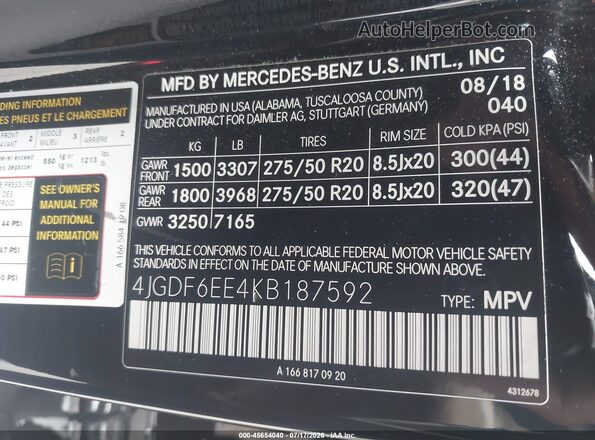4JGDF6EE4KB187592 2019 MERCEDES-BENZ GLS 450 Black Widok komory silnika
