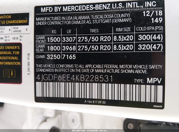 4JGDF6EE4KB228531 2019 MERCEDES-BENZ GLS 450 Белый Вид подкапотного пространства