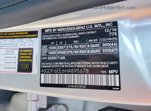 4JGDF6EE6HA895678 2017 MERCEDES-BENZ GLS Silver Vista de la etiqueta del VIN