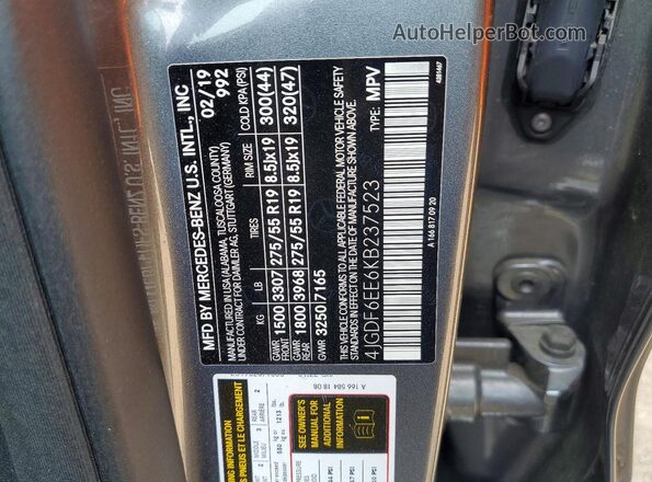 4JGDF6EE6KB237523 2019 MERCEDES-BENZ GLS Gray Вид наклейки з VIN-кодом