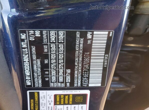 4JGDF6EE7GA708074 2016 MERCEDES-BENZ GL-CLASS Blue Вид наклейки з VIN-кодом