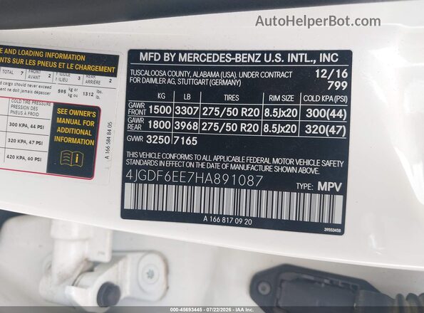 4JGDF6EE7HA891087 2017 MERCEDES-BENZ GLS 450 White Vista del compartimento del motor