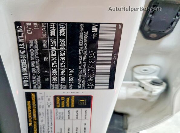 4JGDF6EE7JB181347 2018 MERCEDES-BENZ GLS White VIN კოდის სტიკერის ხედი