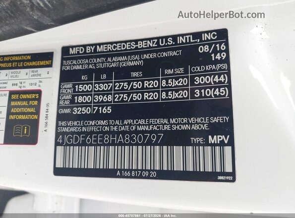 4JGDF6EE8HA830797 2017 MERCEDES-BENZ GLS 450 White Շարժիչի բաժամունքի տեսք