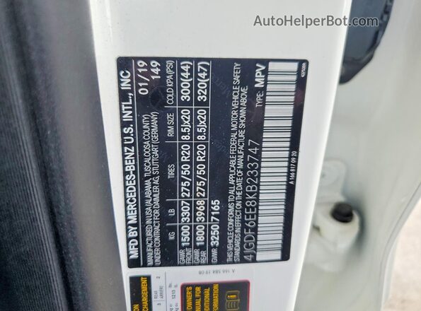 4JGDF6EE8KB233747 2019 MERCEDES-BENZ GLS White Widok naklejki z numerem VIN